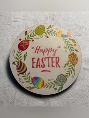 Happy Easter Round Wood Sign - Colorful Egg Wreath